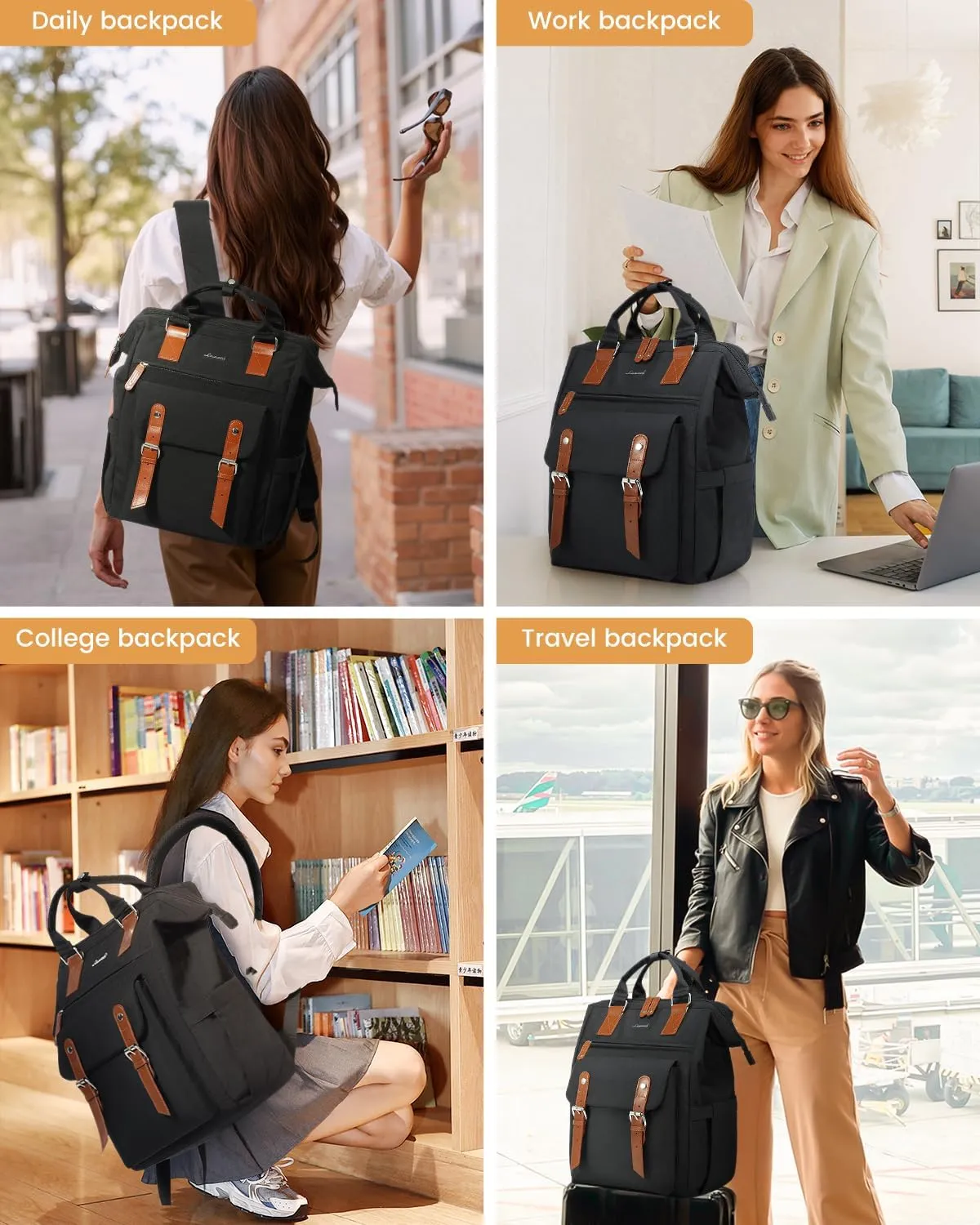LOVEVOOK Laptop Backpack for Women Work Travel Backpack Purse, Commuter Business Computer Bag Teacher Nurse Bags, College School Backpack Student Bookbag with Multi-Pockets, 15.6 Inch, Black-brown