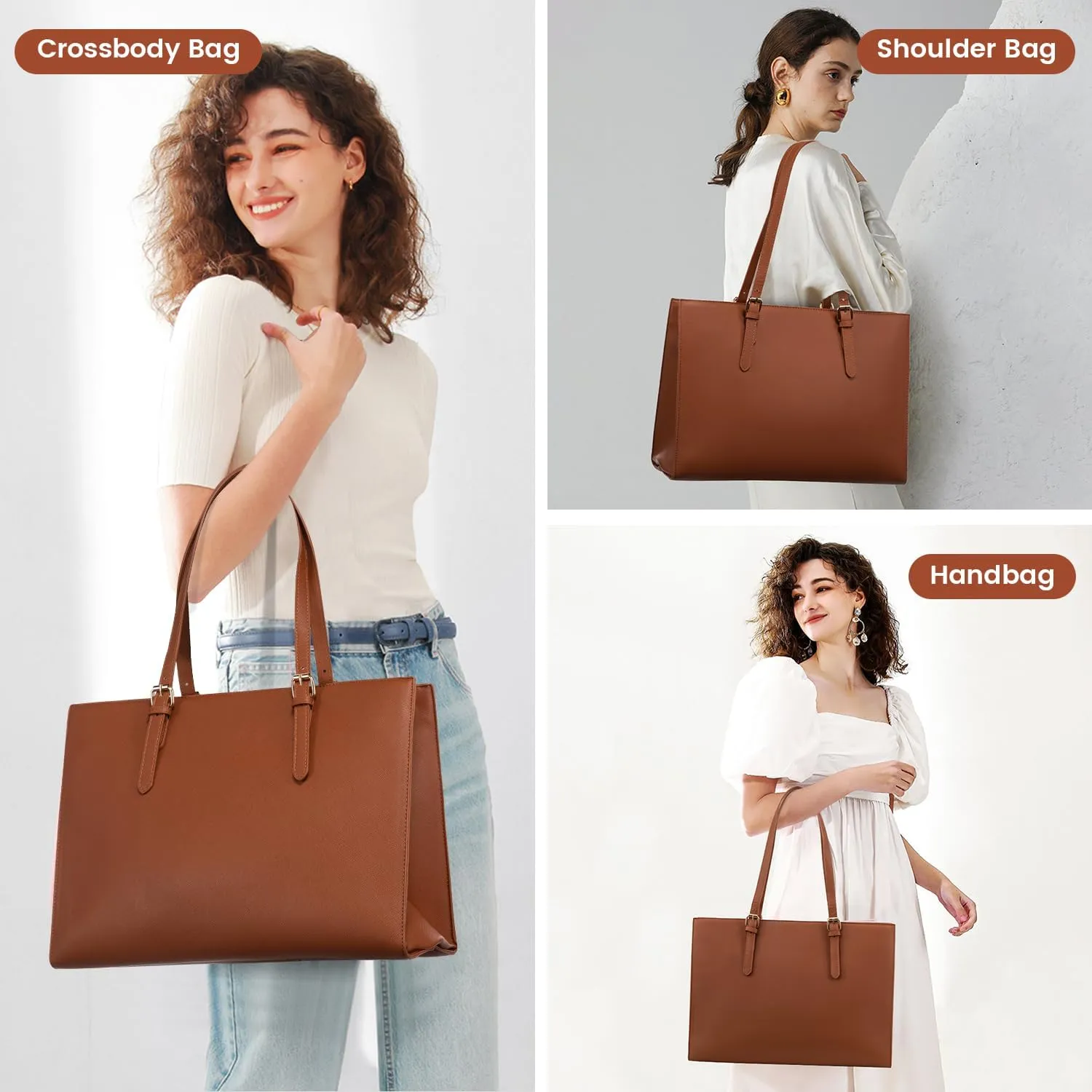 LOVEVOOK Laptop Bag for Women, Fashion Computer Tote Bag Large Capacity Handbag, Leather Shoulder Bag Purse Set, Professional Business Work Briefcase for Office Lady, 2PCs, 15.6-Inch, Brown