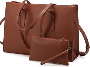 LOVEVOOK Laptop Bag for Women, Fashion Computer Tote Bag Large Capacity Handbag, Leather Shoulder Bag Purse Set, Professional Business Work Briefcase for Office Lady, 2PCs, 15.6-Inch, Brown