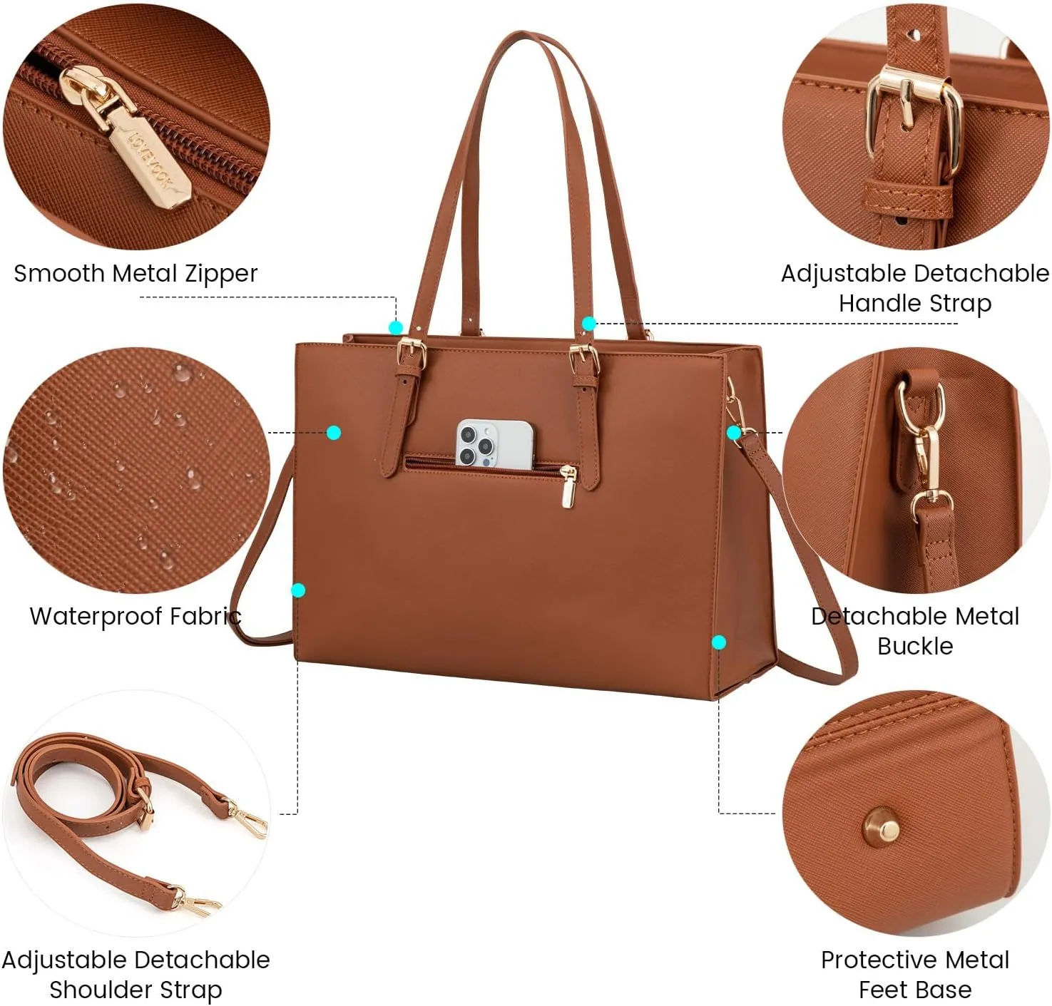 LOVEVOOK Laptop Bag for Women, Fashion Computer Tote Bag Large Capacity Handbag, Leather Shoulder Bag Purse Set, Professional Business Work Briefcase for Office Lady, 2PCs, 15.6-Inch, Brown