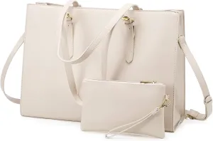 LOVEVOOK Laptop Bag for Women, Fashion Computer Tote Large Capacity Handbag, Leather Shoulder Bag Purse Set, Professional Business Work Briefcase for Office Lady, 2PCs, 15.6-Inch, Beige White
