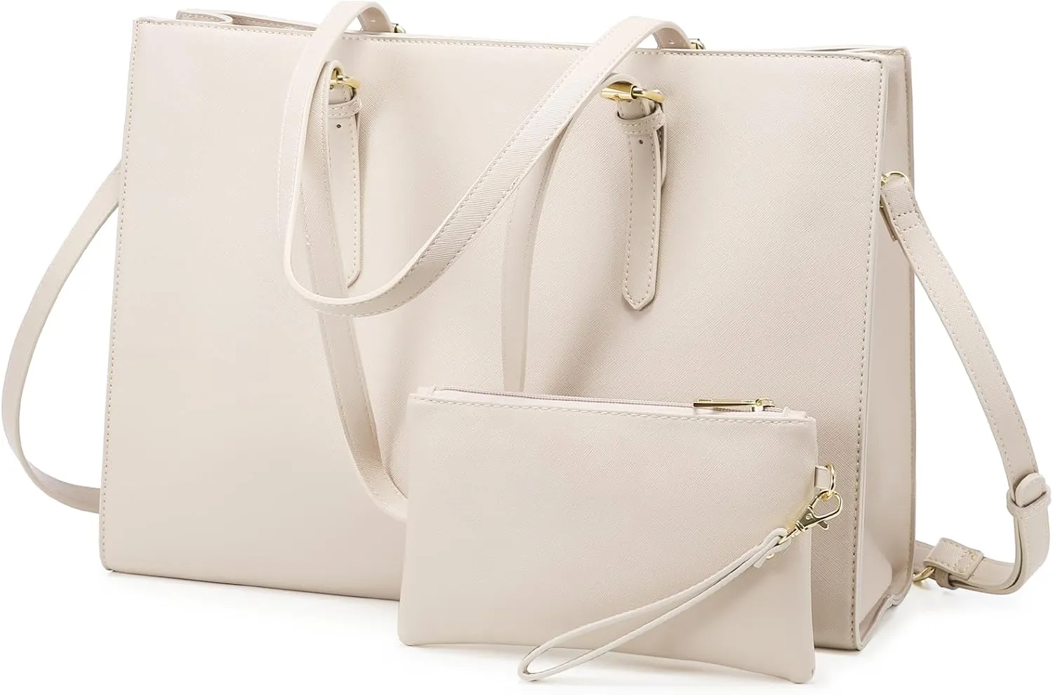 LOVEVOOK Laptop Bag for Women, Fashion Computer Tote Large Capacity Handbag, Leather Shoulder Bag Purse Set, Professional Business Work Briefcase for Office Lady, 2PCs, 15.6-Inch, Beige White