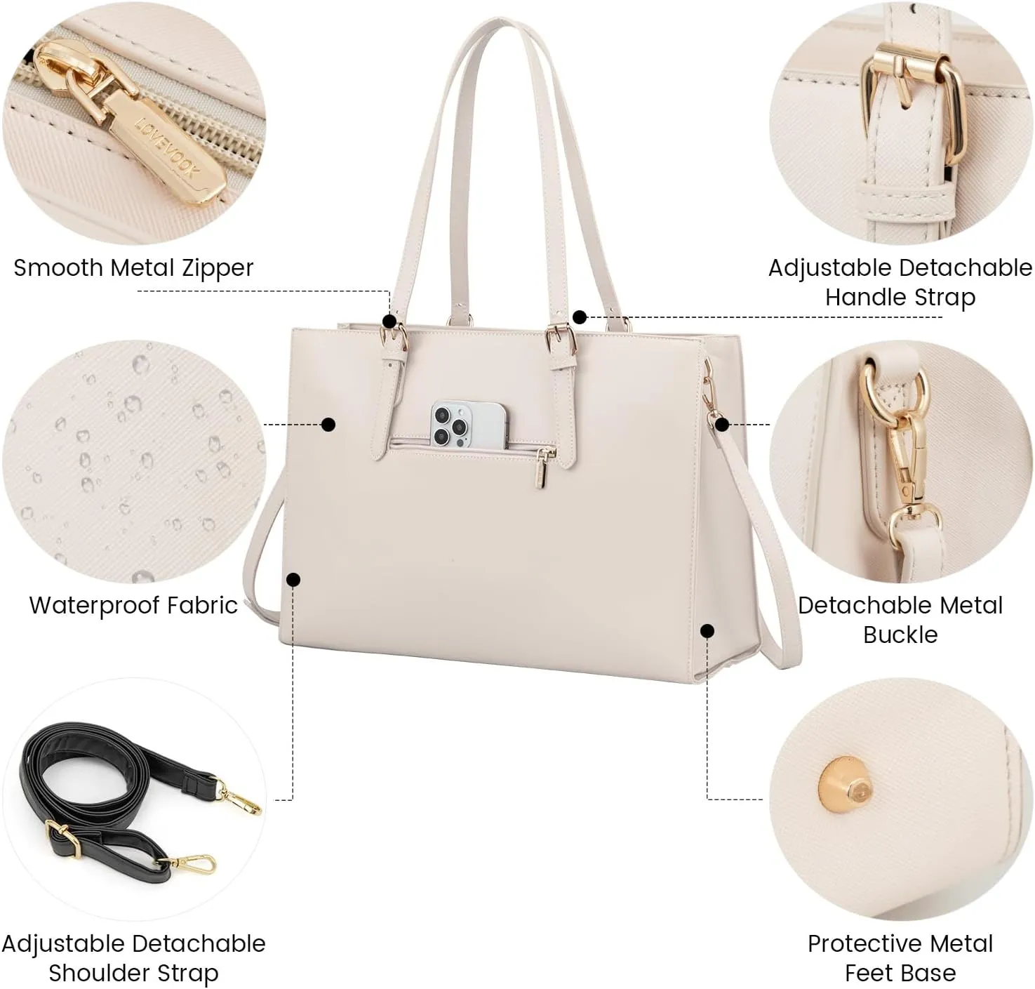 LOVEVOOK Laptop Bag for Women, Fashion Computer Tote Large Capacity Handbag, Leather Shoulder Bag Purse Set, Professional Business Work Briefcase for Office Lady, 2PCs, 15.6-Inch, Beige White
