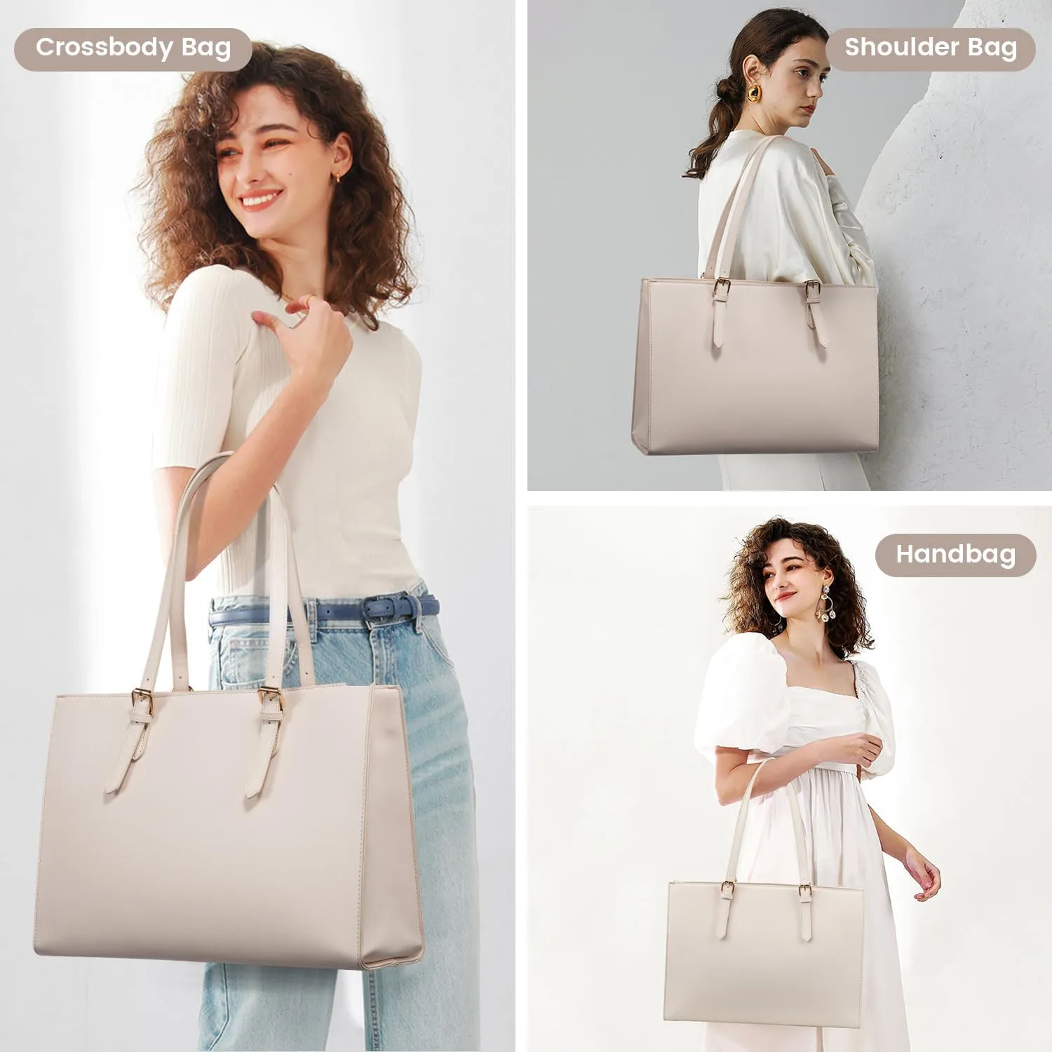 LOVEVOOK Laptop Bag for Women, Fashion Computer Tote Large Capacity Handbag, Leather Shoulder Bag Purse Set, Professional Business Work Briefcase for Office Lady, 2PCs, 15.6-Inch, Beige White