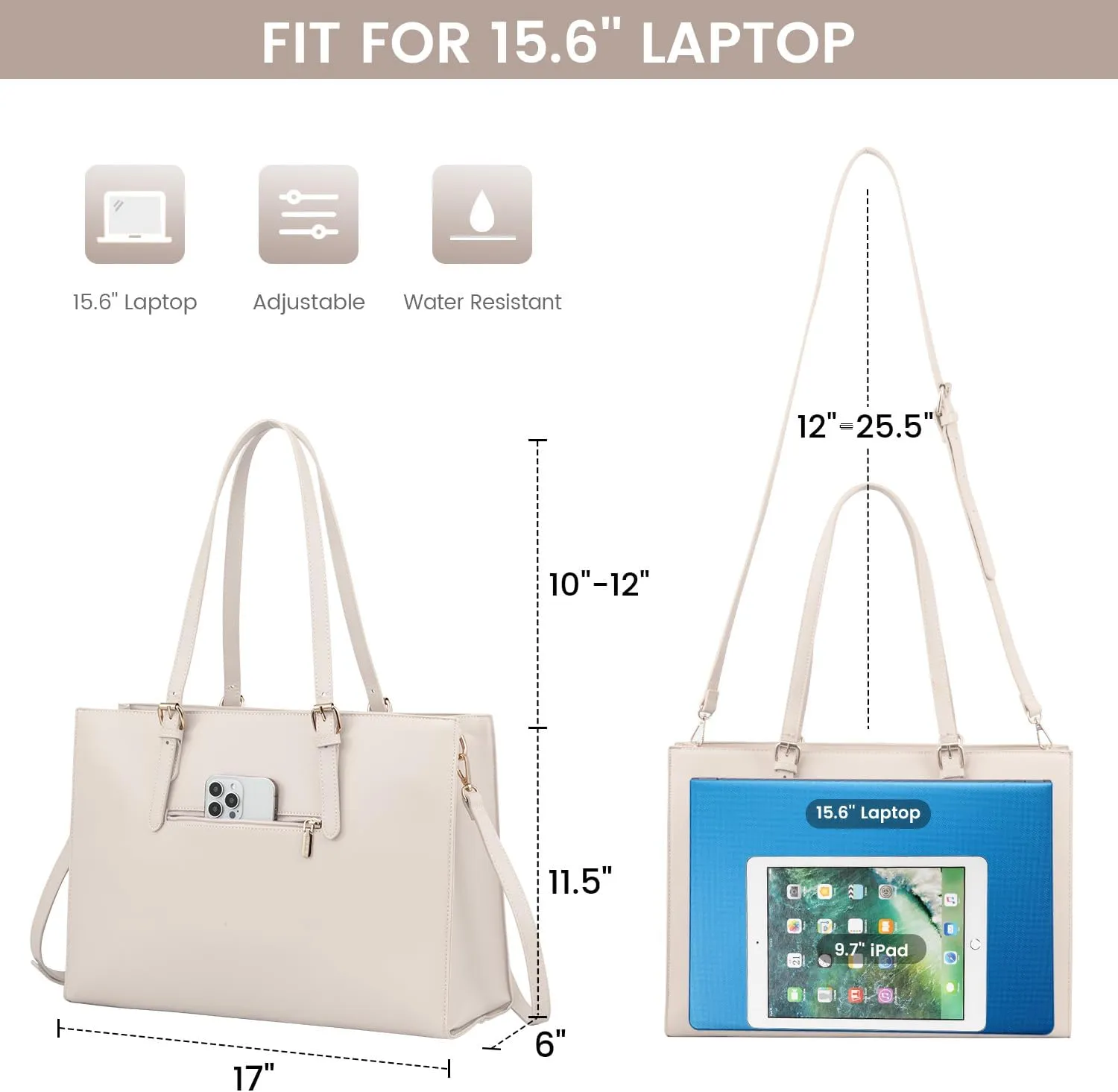 LOVEVOOK Laptop Bag for Women, Fashion Computer Tote Large Capacity Handbag, Leather Shoulder Bag Purse Set, Professional Business Work Briefcase for Office Lady, 2PCs, 15.6-Inch, Beige White