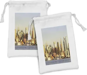 Lunarable Cityscape Fabric Pouch Set of 2, Manhattan Skyscrapers from River New York American Town Landscape, Small Drawstring Bag for Toiletries Masks and Favors, 9" x 6", Pale Blue Sepia