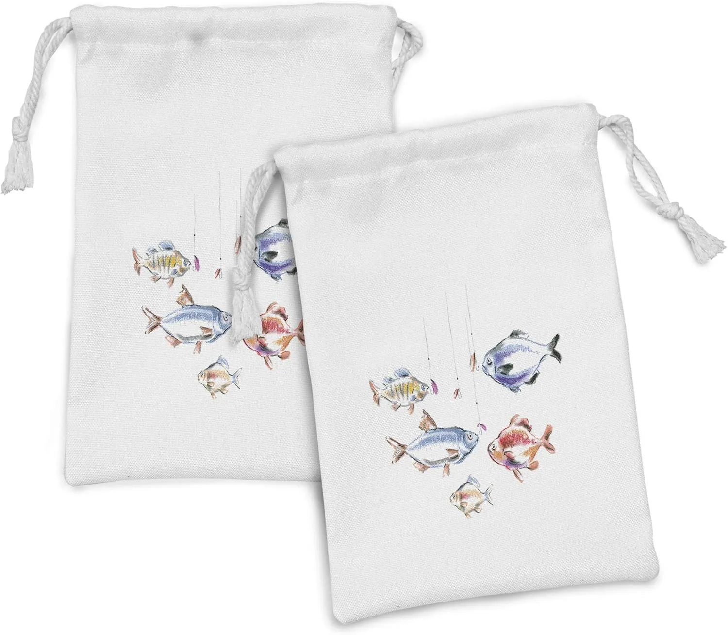 Lunarable Fishing Fabric Pouch Set of 2, Retro Fishing Love Theme with Goldfish Herring Bream Bass Salmon Image, Small Drawstring Bag for Toiletries Masks and Favors, 9" x 6", Multicolor