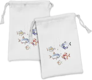 Lunarable Fishing Fabric Pouch Set of 2, Retro Fishing Love Theme with Goldfish Herring Bream Bass Salmon Image, Small Drawstring Bag for Toiletries Masks and Favors, 9" x 6", Multicolor
