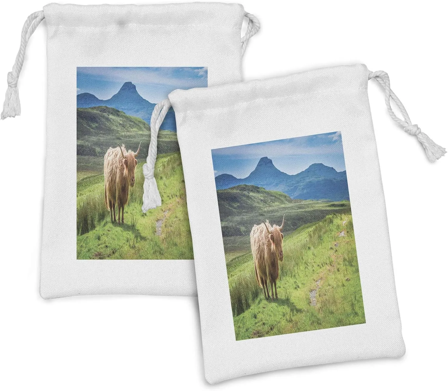 Lunarable Highland Cow Fabric Pouch Set of 2, Panoramic Nature Photo with Scottish Famous Animal Mountains and Grassy Land, Small Drawstring Bag for Toiletries Masks and Favors, 9" x 6", Multicolor