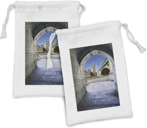 Lunarable London Fabric Pouch Set of 2, View of Big Ben Through the Pedestrian Tunnel at Sunset Time Picture Print, Small Drawstring Bag for Toiletries Masks and Favors, 9" x 6", Grey Blue Ivory