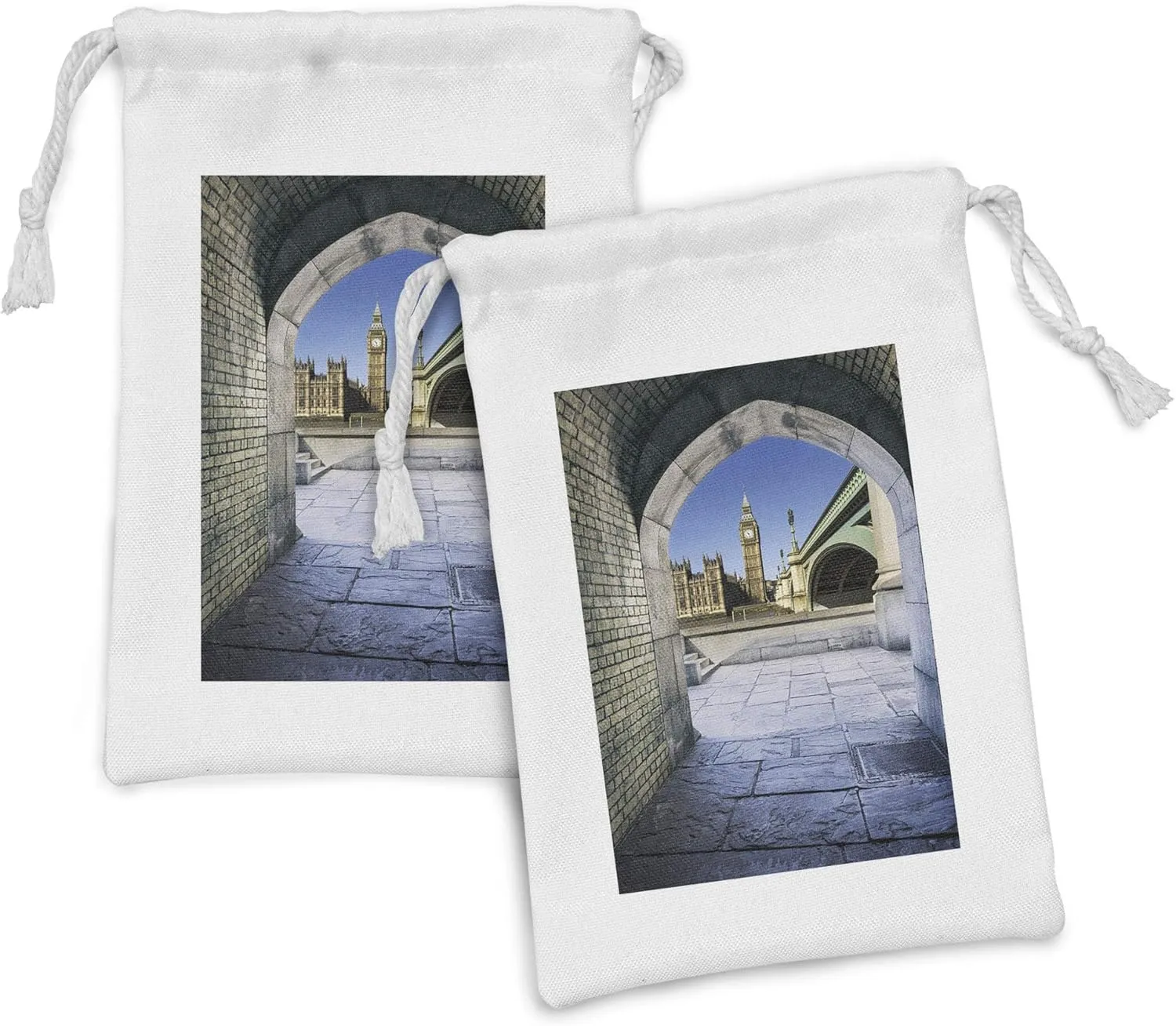 Lunarable London Fabric Pouch Set of 2, View of Big Ben Through the Pedestrian Tunnel at Sunset Time Picture Print, Small Drawstring Bag for Toiletries Masks and Favors, 9" x 6", Grey Blue Ivory