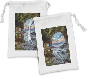 Lunarable Natural Cave Fabric Pouch Set of 2, Rock Shelter with Lake up on the Sea Mediterranean Wonders Wet Photo, Small Drawstring Bag for Toiletries Masks and Favors, 9" x 6", Blue Cream