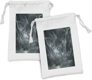 Lunarable Nature Fabric Pouch Set of 2, Large Ominous Dramatic Rain Clouds with Heavy Thunder Tornado Wild Atmosphere Effects, Small Drawstring Bag for Toiletries Masks and Favors, 9" x 6", Grey