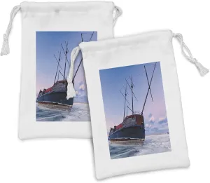Lunarable Shipwreck Fabric Pouch Set of 2, Bent Ship Wreck with a Mast in Ice Snow Frozen Lake in Cold Winter Season Picture, Small Drawstring Bag for Toiletries Masks and Favors, 9" x 6", Blue Red