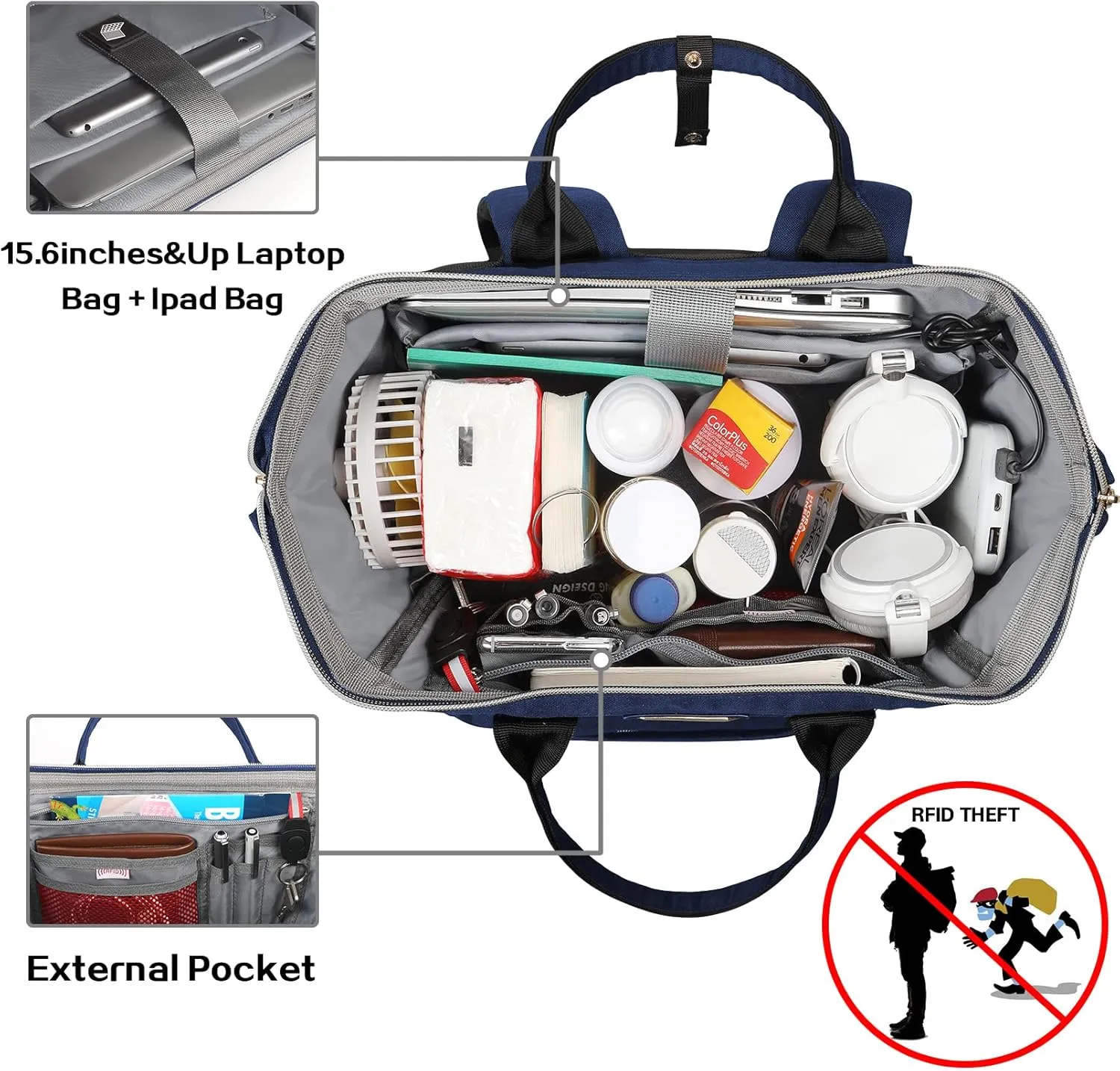 Lunch Bag Backpack, Insulated Cooler Backpack Lunch Box Laptop Backpack with USB Port for Women Men Fits 15.6 Inch Laptop Blue