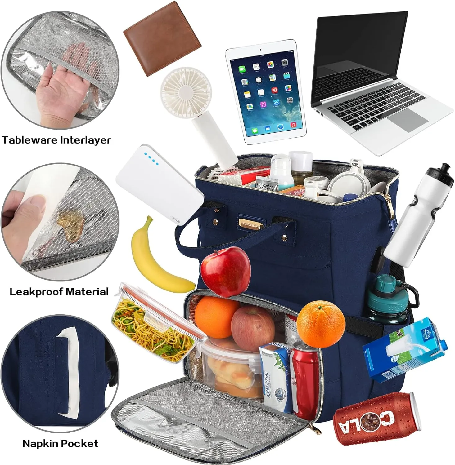 Lunch Bag Backpack, Insulated Cooler Backpack Lunch Box Laptop Backpack with USB Port for Women Men Fits 15.6 Inch Laptop Blue