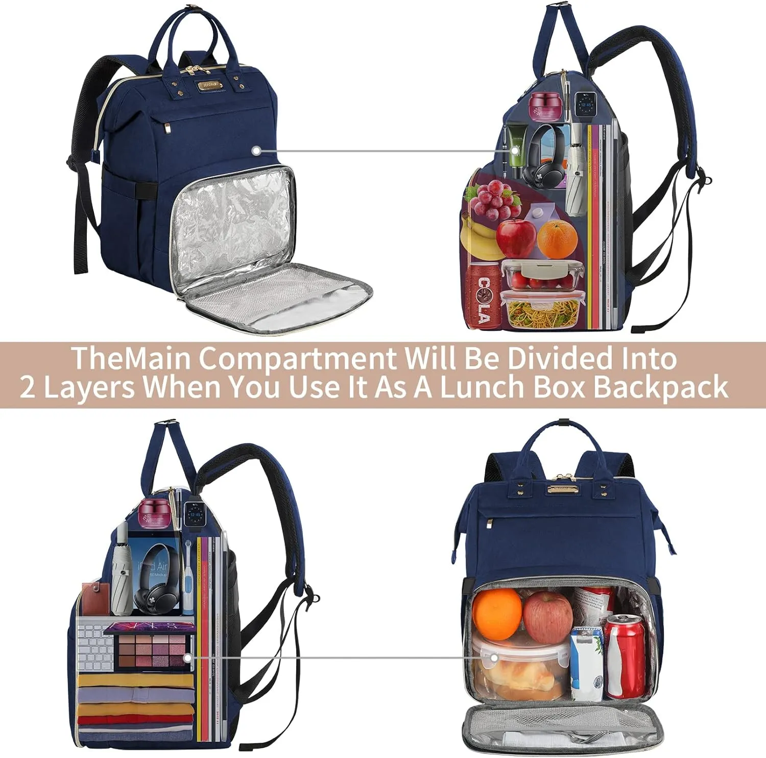 Lunch Bag Backpack, Insulated Cooler Backpack Lunch Box Laptop Backpack with USB Port for Women Men Fits 15.6 Inch Laptop Blue