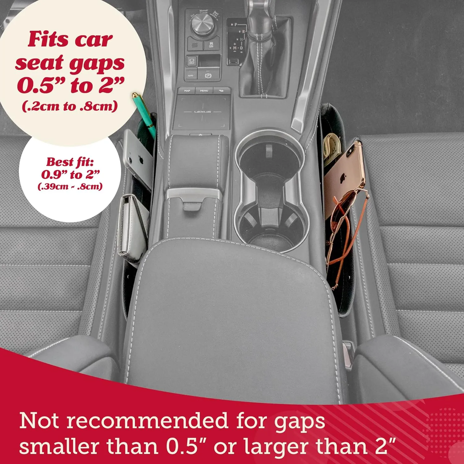 Lusso Gear 2-Pack Car Seat Gap Organizer - Vegan Leather, Universal Fit, Adjustable for Glasses, Keys & More - Gray Gap Filler & Couch Catcher between Seats
