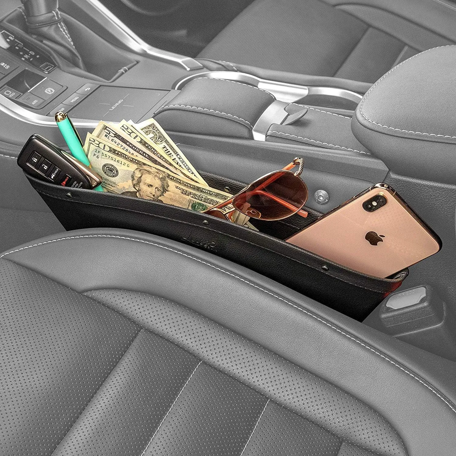 Lusso Gear 2-Pack Car Seat Gap Organizer - Vegan Leather, Universal Fit, Adjustable for Glasses, Keys & More - Gray Gap Filler & Couch Catcher between Seats