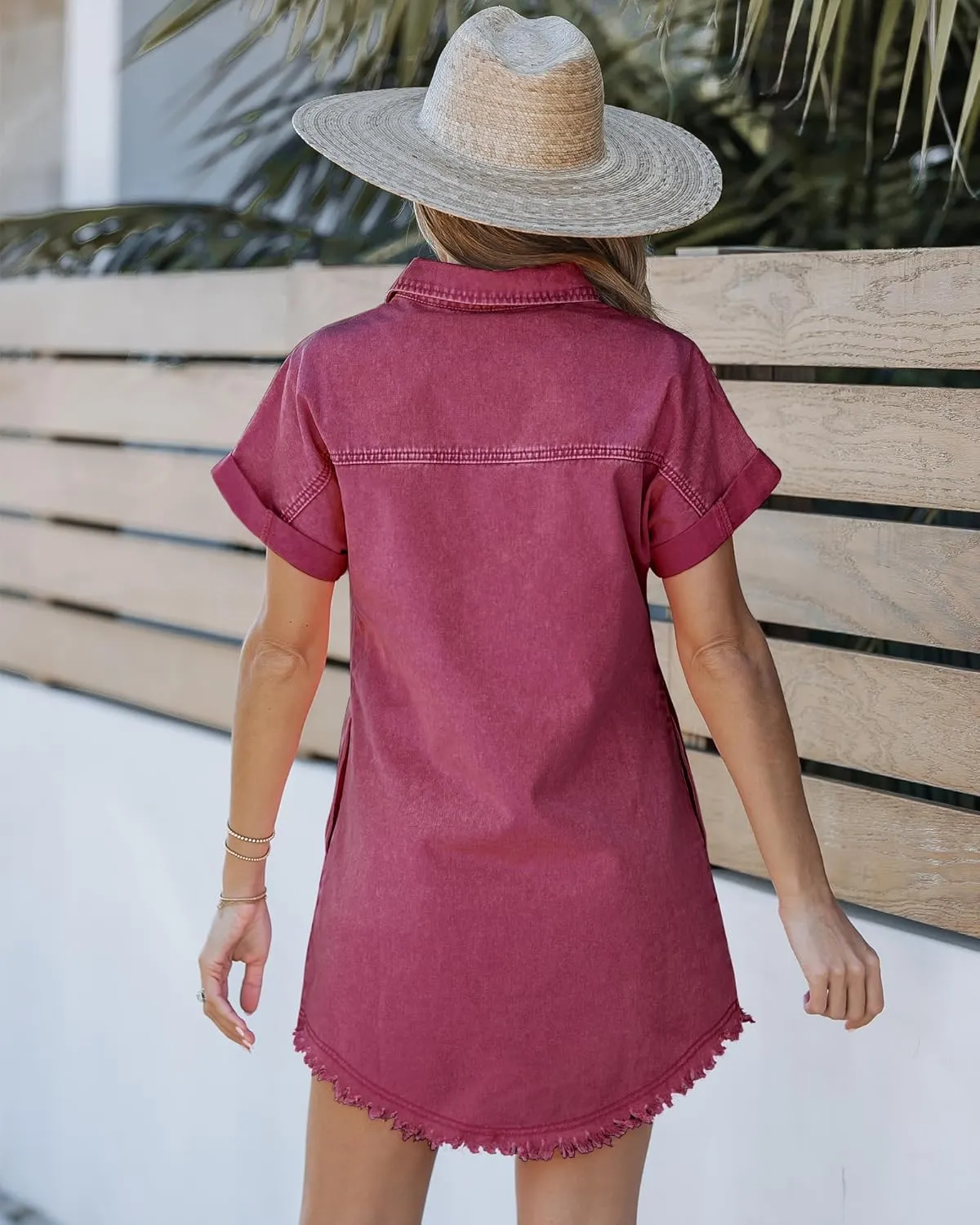 luvamia Denim Dress for Women Button Down Short Sleeves Casual Summer Jean Shirt Dresses with Pockets Frayed Hem