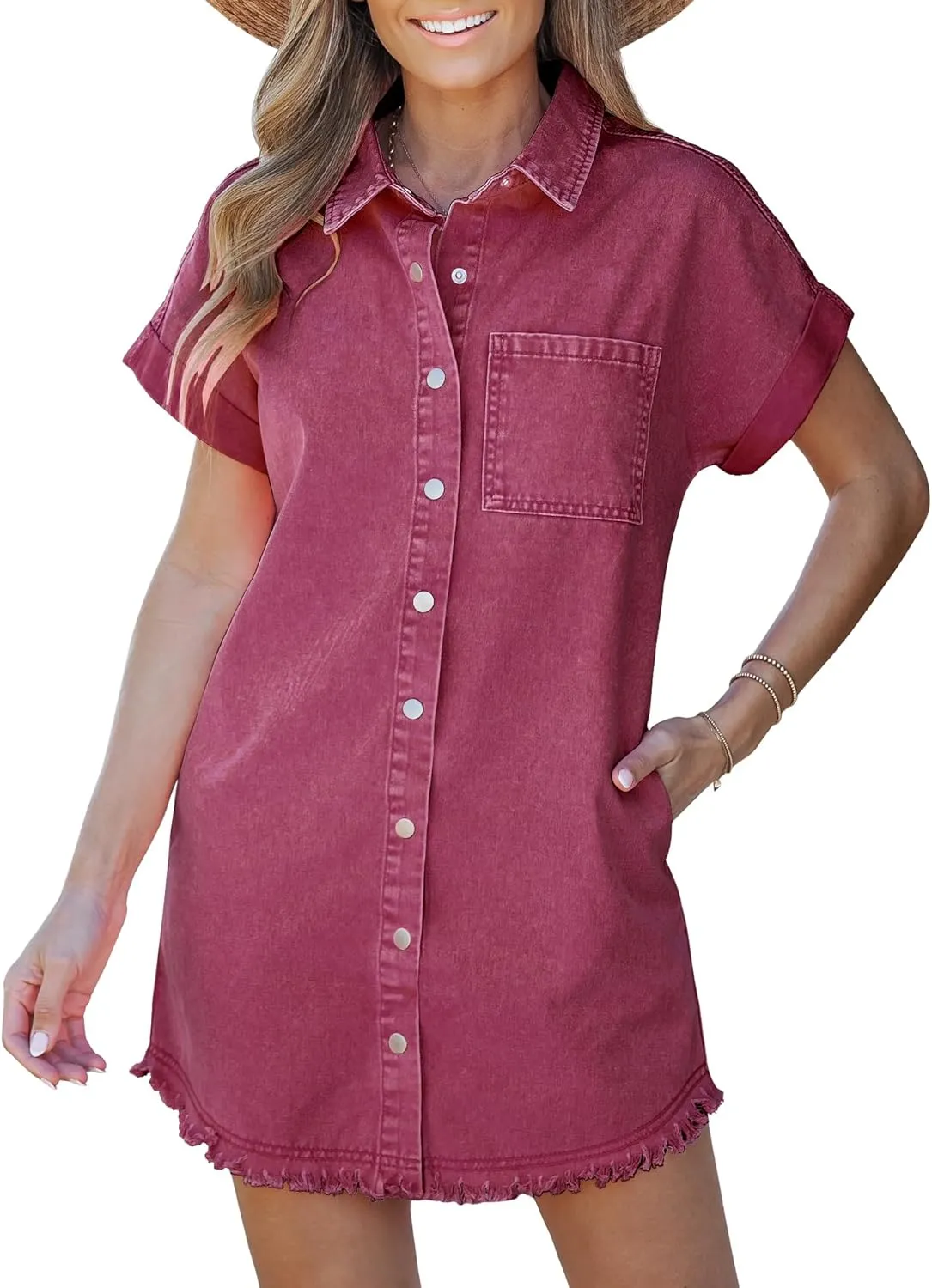 luvamia Denim Dress for Women Button Down Short Sleeves Casual Summer Jean Shirt Dresses with Pockets Frayed Hem