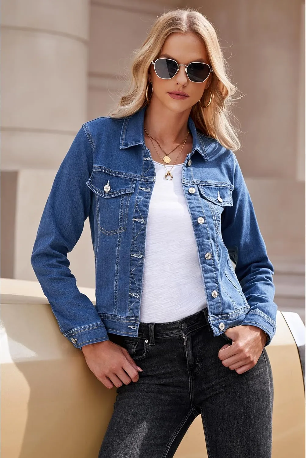 luvamia Women's Basic Button Down Stretch Fitted Long Sleeves Denim Jean Jacket