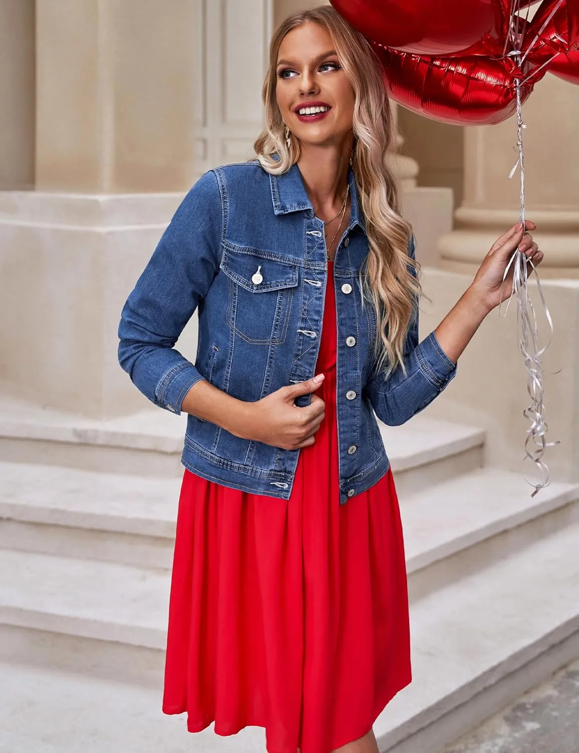 luvamia Women's Basic Button Down Stretch Fitted Long Sleeves Denim Jean Jacket