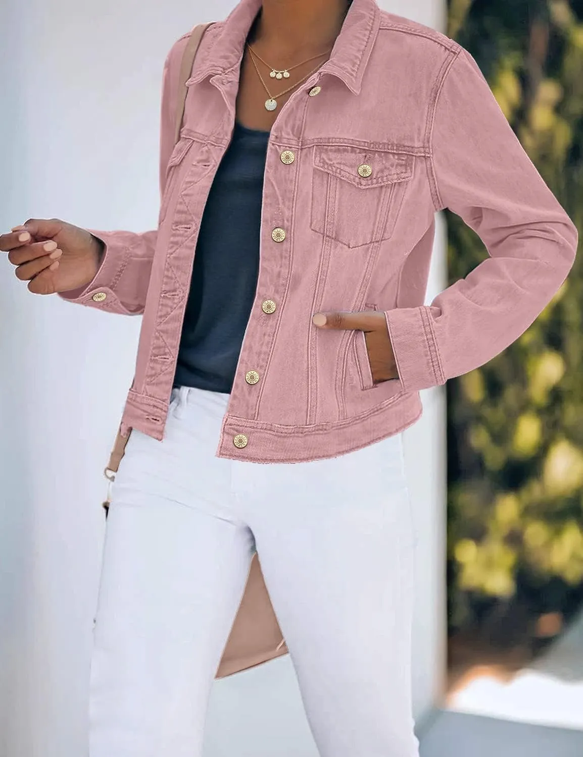 luvamia Women's Basic Button Down Stretch Fitted Long Sleeves Denim Jean Jacket