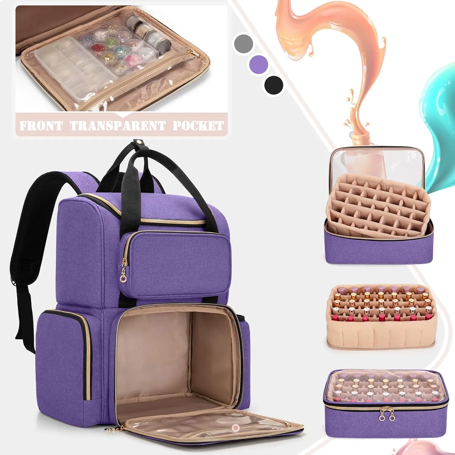 LUXJA Nail Polish Organizer (Backpack Version) Holds 70 Bottles and a Nail Lamp, Travel Nail Polish Storage with 2 Removable Cases and Tools Storage Pockets (Patent Pending), Purple