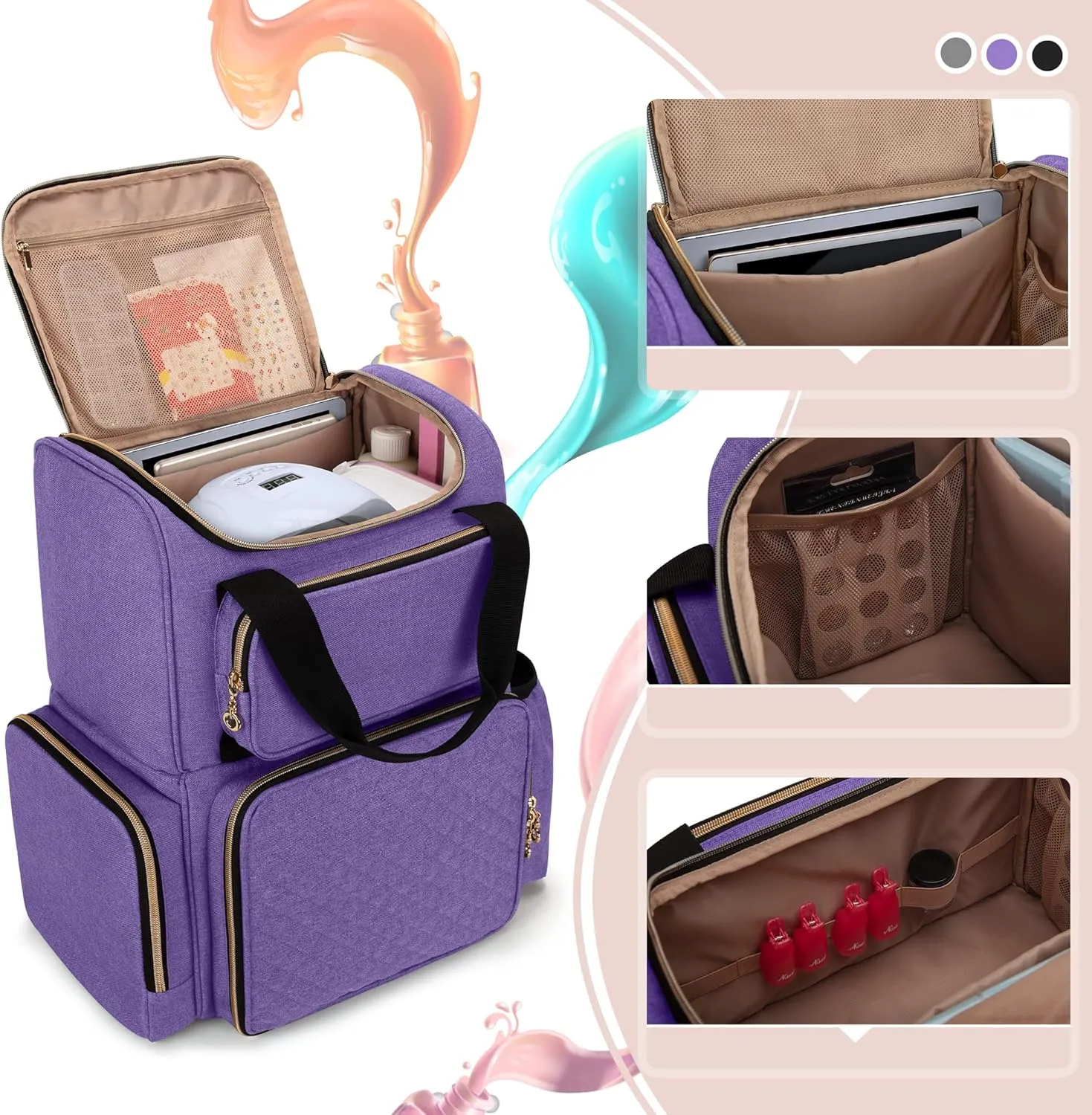 LUXJA Nail Polish Organizer (Backpack Version) Holds 70 Bottles and a Nail Lamp, Travel Nail Polish Storage with 2 Removable Cases and Tools Storage Pockets (Patent Pending), Purple
