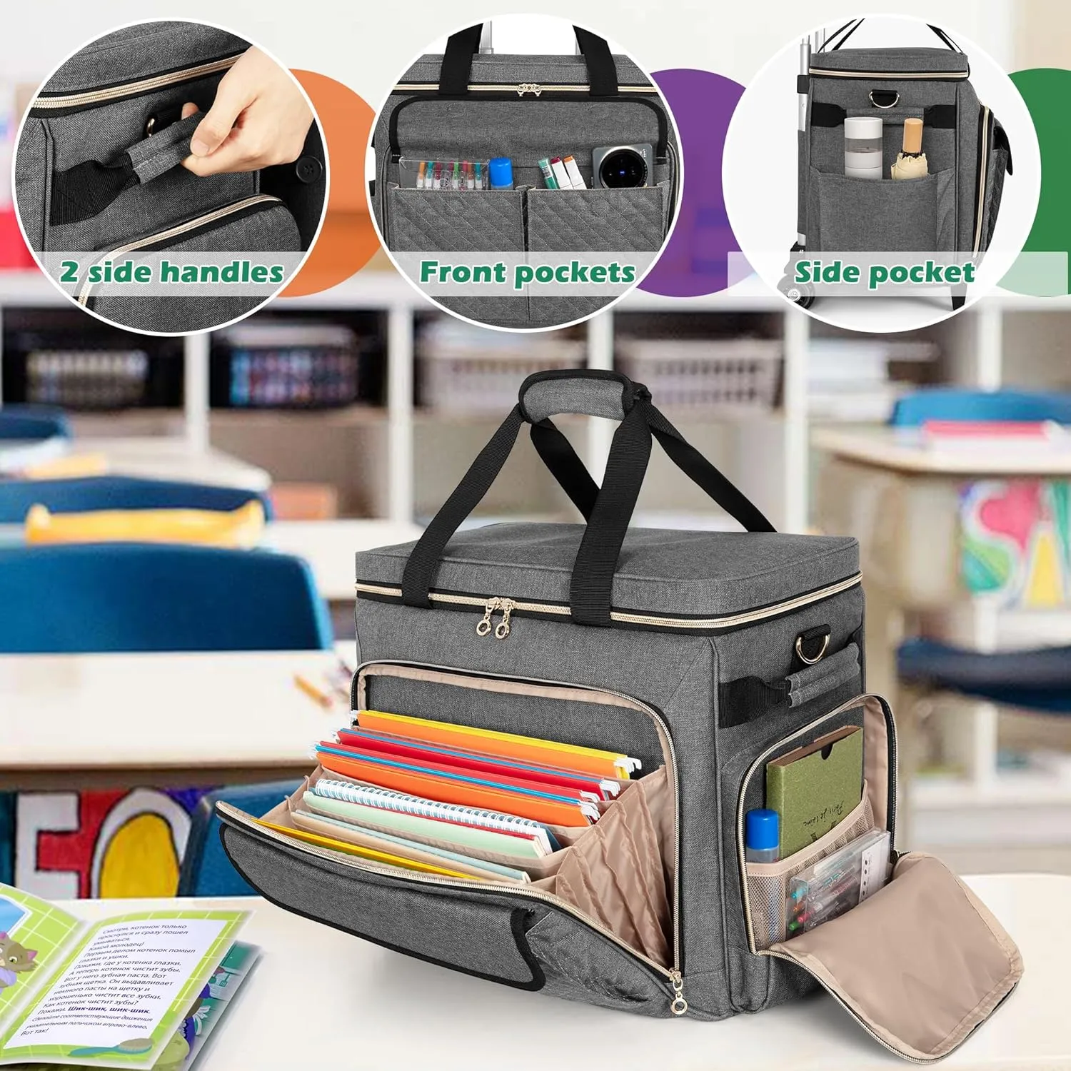 LUXJA Rolling Teacher Bag with Laptop Compartment and Detachable Dolly, Multifunctional Rolling Briefcase with Accordion File Area (Patent Pending), Gray