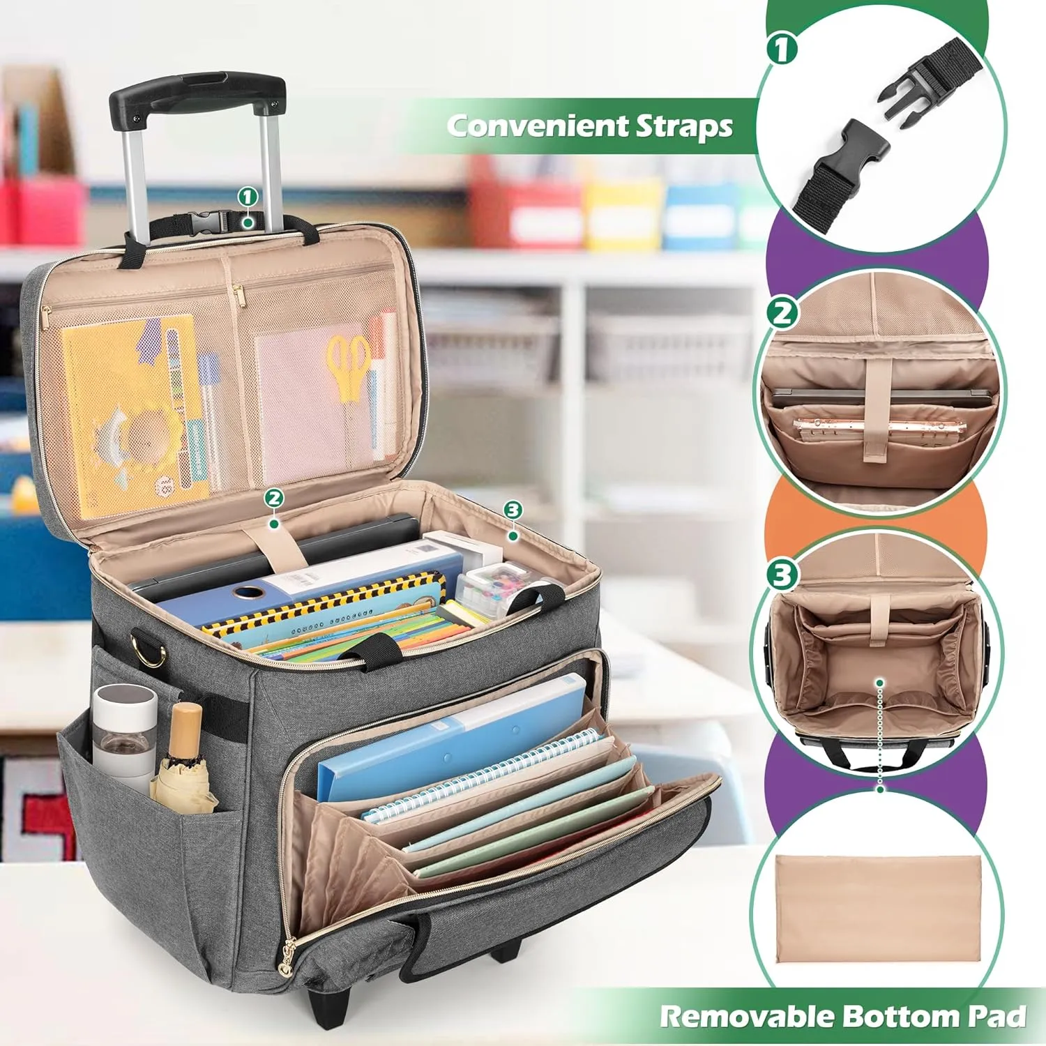 LUXJA Rolling Teacher Bag with Laptop Compartment and Detachable Dolly, Multifunctional Rolling Briefcase with Accordion File Area (Patent Pending), Gray