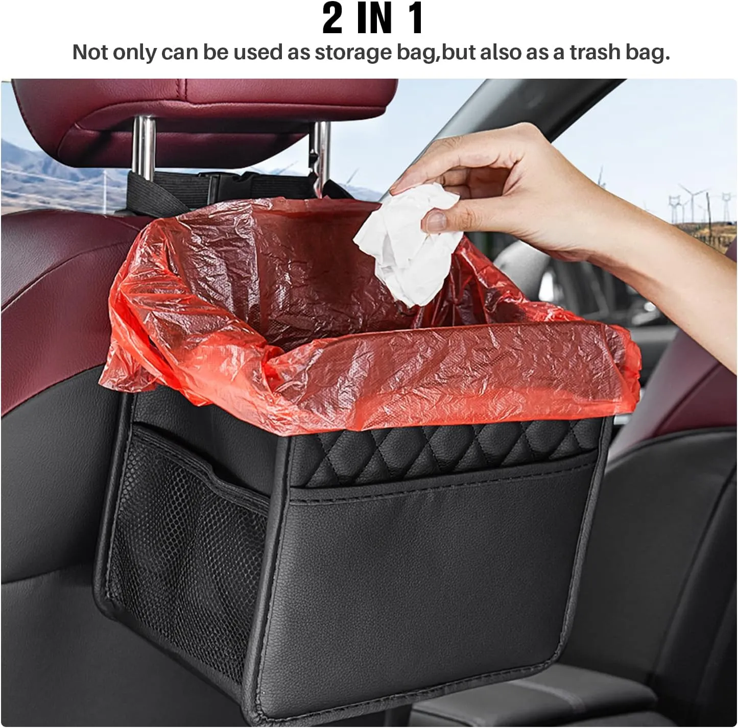 LXUNYI Car Organizer Back Seat, 2 Pack Waterproof Pu Leather Car Seat Storage Bag Large Foldable Universal Hanging Car Seat Back Organizer for Kids & Adults with Cup Holders Car Travel Accessories