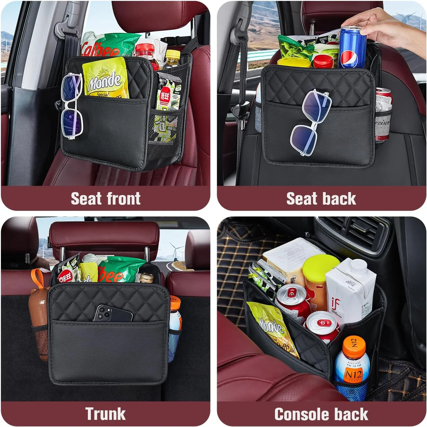 LXUNYI Car Organizer Back Seat, 2 Pack Waterproof Pu Leather Car Seat Storage Bag Large Foldable Universal Hanging Car Seat Back Organizer for Kids & Adults with Cup Holders Car Travel Accessories