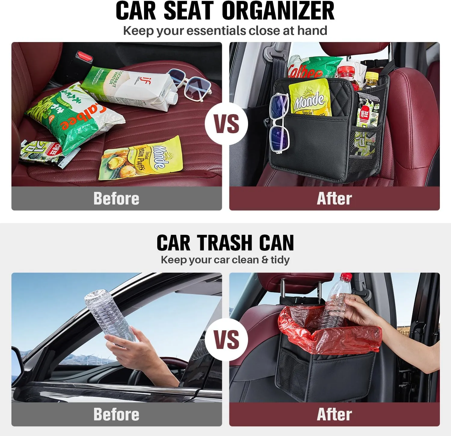 LXUNYI Car Organizer Back Seat, 2 Pack Waterproof Pu Leather Car Seat Storage Bag Large Foldable Universal Hanging Car Seat Back Organizer for Kids & Adults with Cup Holders Car Travel Accessories