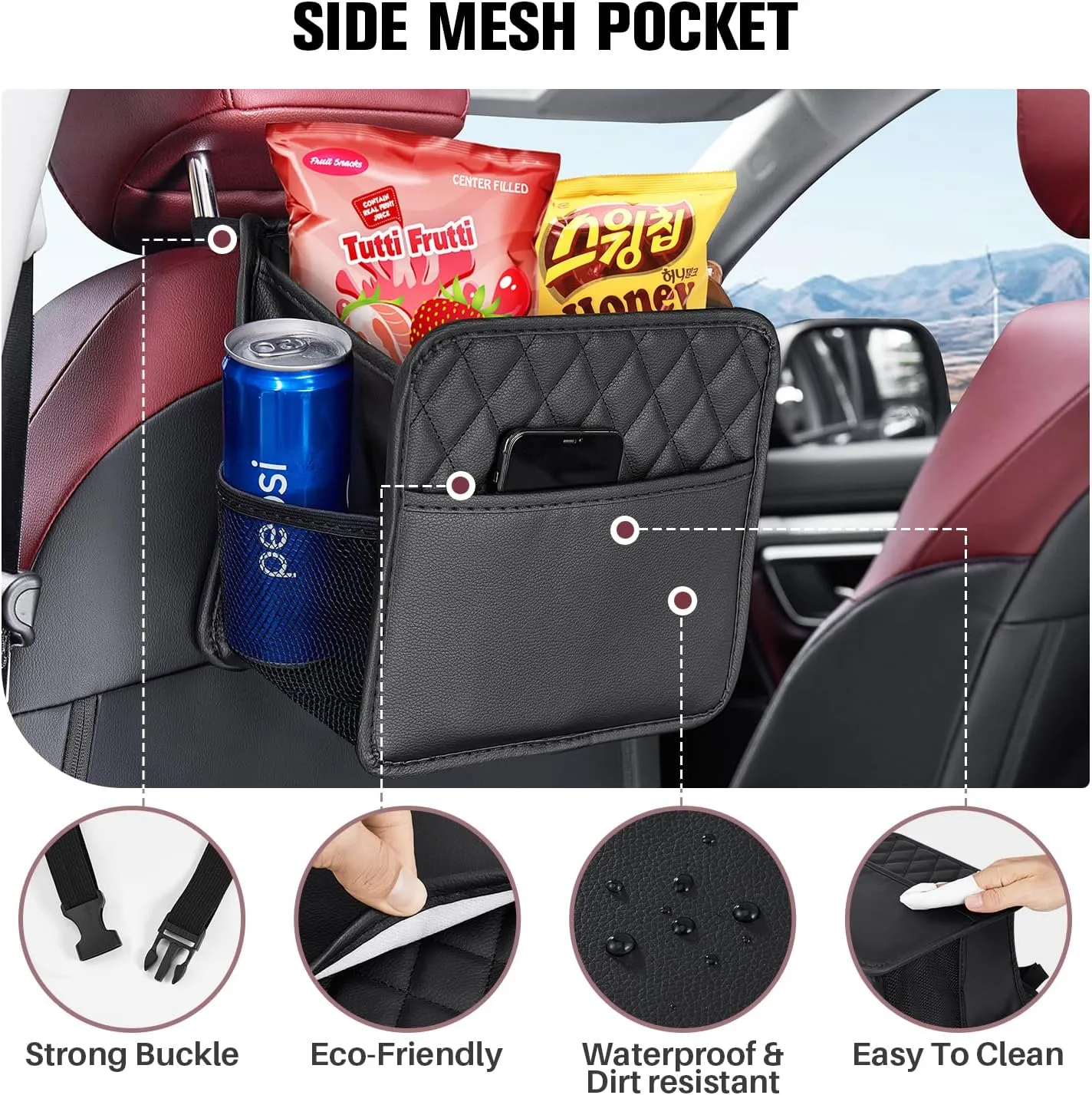 LXUNYI Car Organizer Back Seat, 2 Pack Waterproof Pu Leather Car Seat Storage Bag Large Foldable Universal Hanging Car Seat Back Organizer for Kids & Adults with Cup Holders Car Travel Accessories