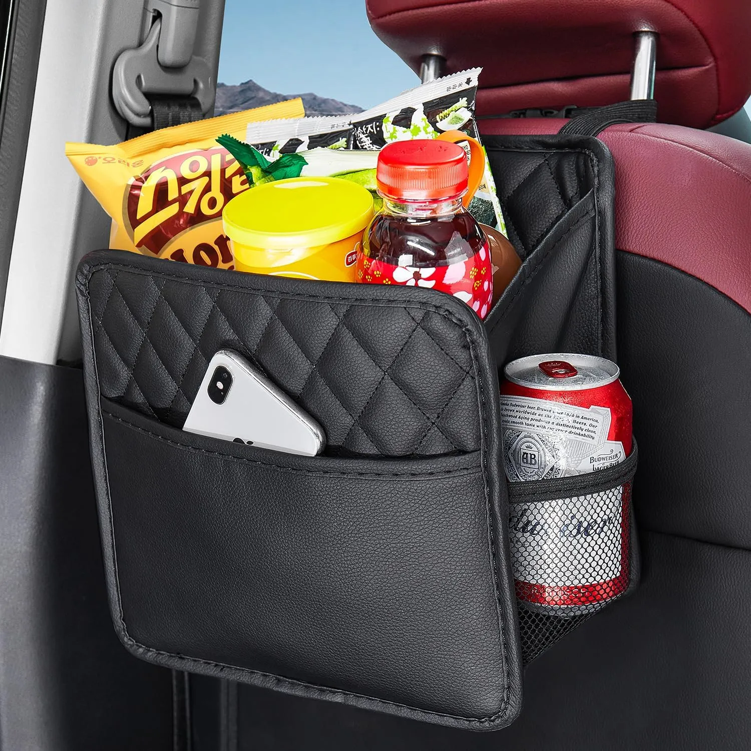 LXUNYI Car Organizer Back Seat, 2 Pack Waterproof Pu Leather Car Seat Storage Bag Large Foldable Universal Hanging Car Seat Back Organizer for Kids & Adults with Cup Holders Car Travel Accessories
