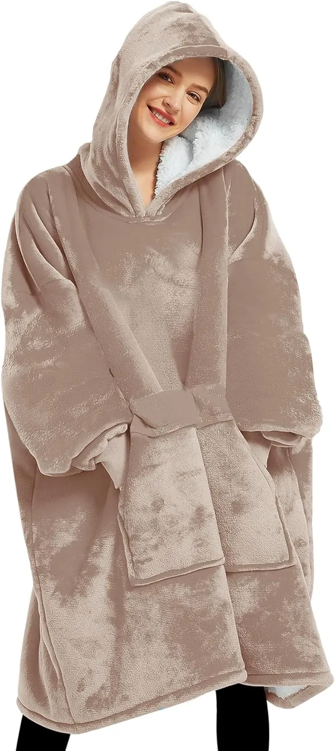 Lzzidou Oversized Blanket Hoodie for Women, Two Layers Cozy Flannel Sherpa Wearable Blanket Sweatshirt Adult