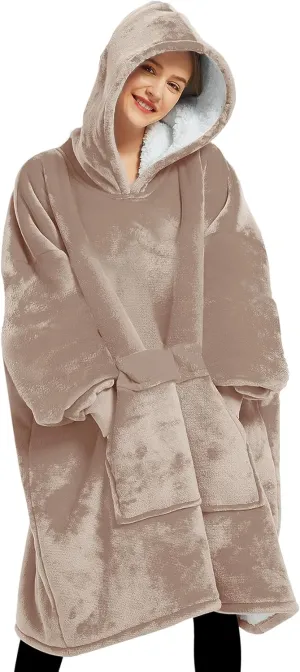 Lzzidou Oversized Blanket Hoodie for Women, Two Layers Cozy Flannel Sherpa Wearable Blanket Sweatshirt Adult
