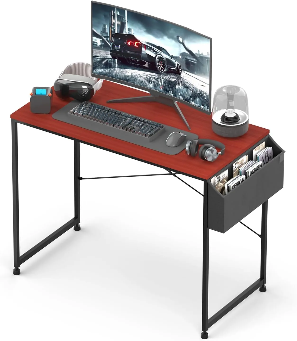 Magshion 40-Inch Computer Desk, Home Office Writing Study Desk with Storage Bag, Modern Simple Laptop Table, Reddish Brown
