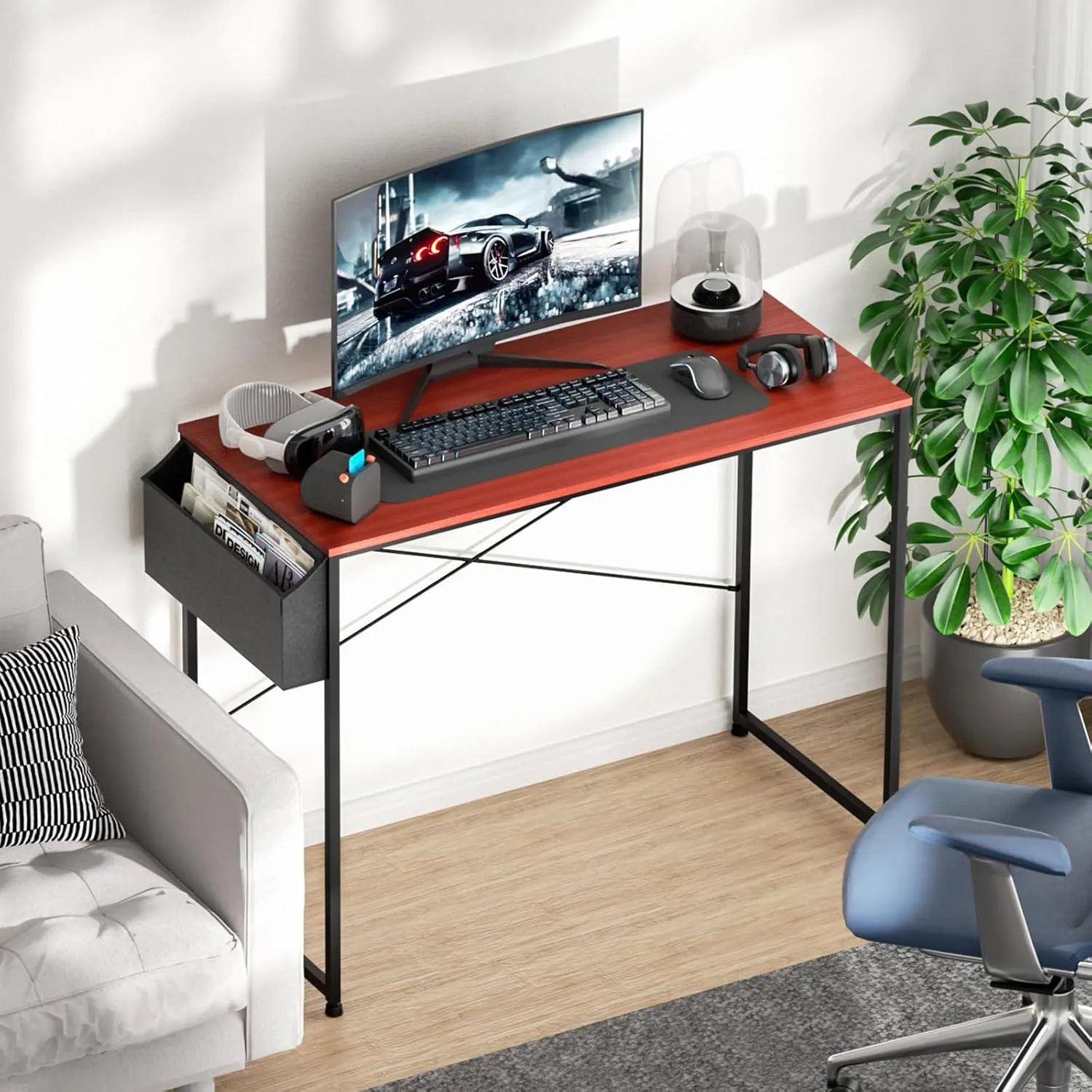 Magshion 40-Inch Computer Desk, Home Office Writing Study Desk with Storage Bag, Modern Simple Laptop Table, Reddish Brown