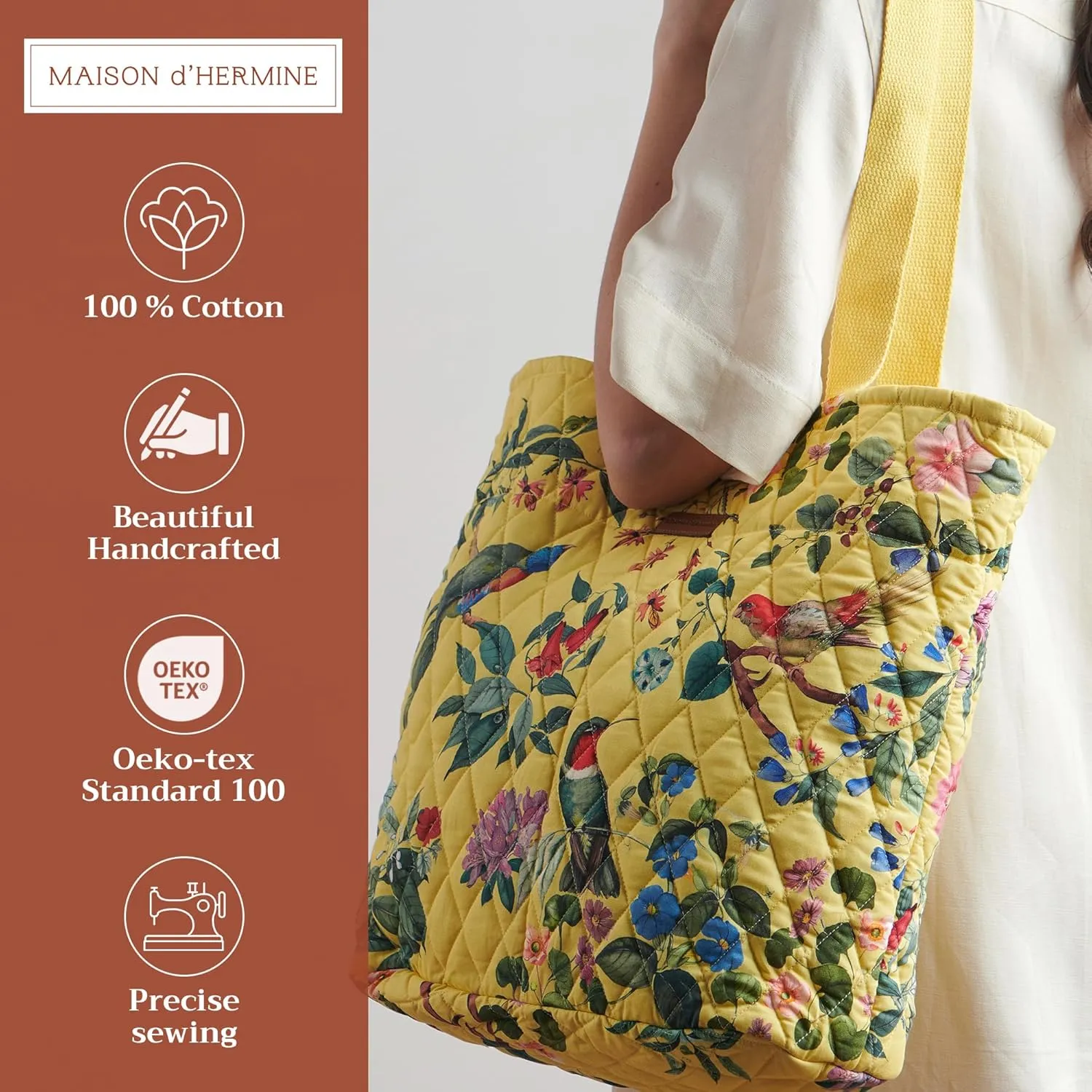 Maison d' Hermine Shopping Bag Cotton Quilted Tote Bag with Zipper Pockets & Small Pouch Grocery Bag for Work Travel Lunch