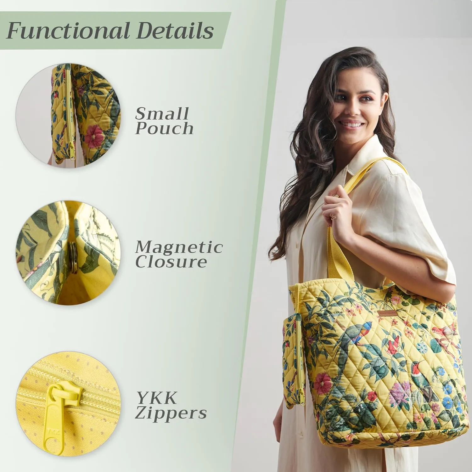 Maison d' Hermine Shopping Bag Cotton Quilted Tote Bag with Zipper Pockets & Small Pouch Grocery Bag for Work Travel Lunch
