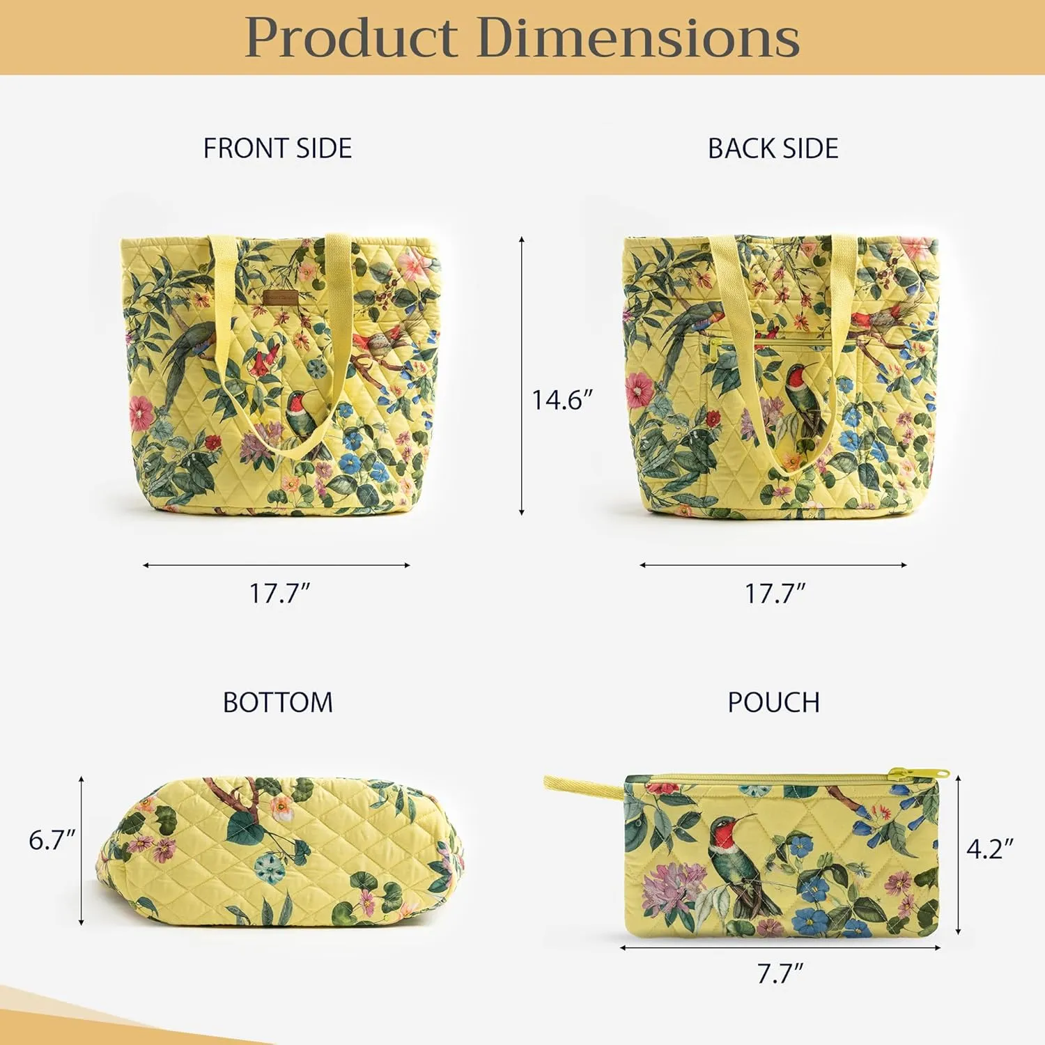 Maison d' Hermine Shopping Bag Cotton Quilted Tote Bag with Zipper Pockets & Small Pouch Grocery Bag for Work Travel Lunch