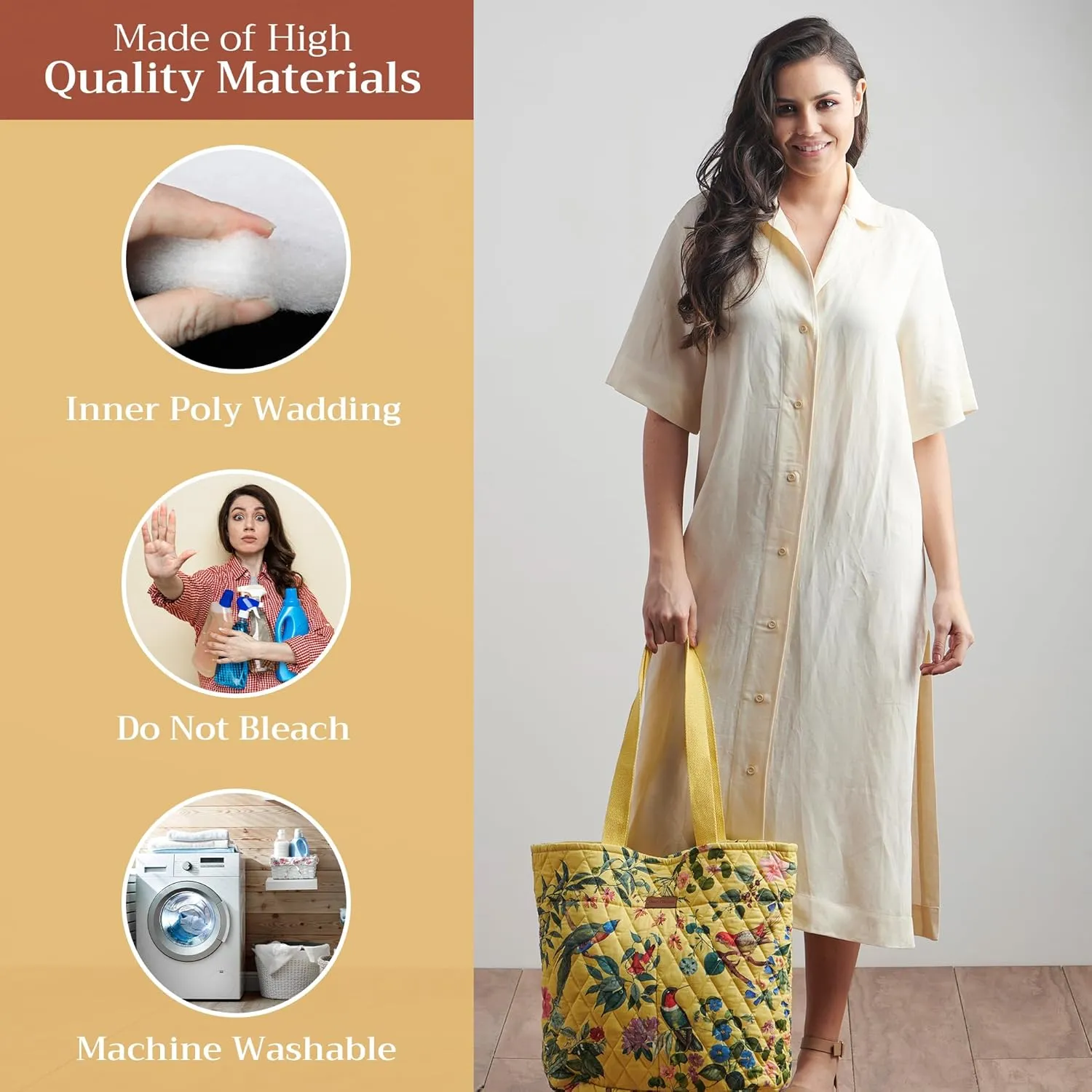 Maison d' Hermine Shopping Bag Cotton Quilted Tote Bag with Zipper Pockets & Small Pouch Grocery Bag for Work Travel Lunch