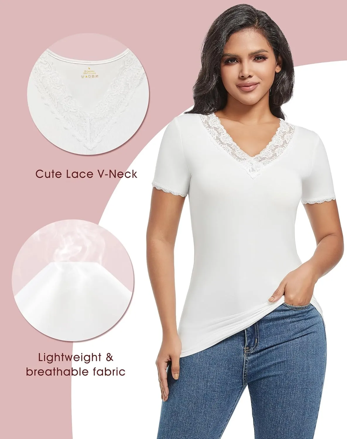 MANCYFIT Short Sleeve Thermal Shirts for Women Thermal Tops Lace V Neck Fleece Lined Tops for Women Base Layer