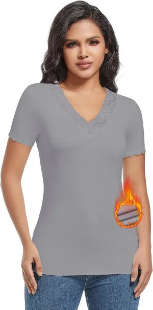 MANCYFIT Short Sleeve Thermal Shirts for Women Thermal Tops Lace V Neck Fleece Lined Tops for Women Base Layer