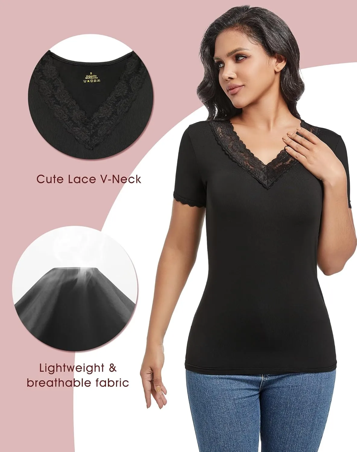 MANCYFIT Short Sleeve Thermal Shirts for Women Thermal Tops Lace V Neck Fleece Lined Tops for Women Base Layer