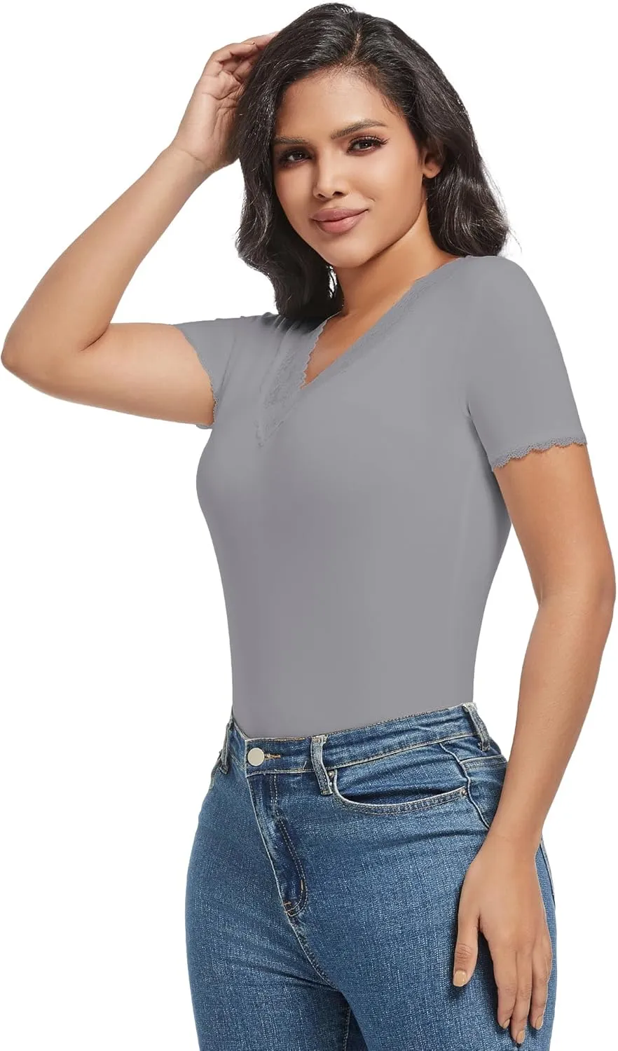 MANCYFIT Short Sleeve Thermal Shirts for Women Thermal Tops Lace V Neck Fleece Lined Tops for Women Base Layer
