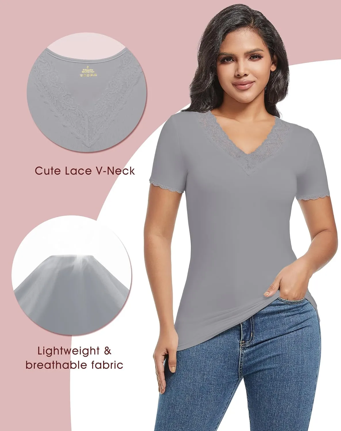 MANCYFIT Short Sleeve Thermal Shirts for Women Thermal Tops Lace V Neck Fleece Lined Tops for Women Base Layer